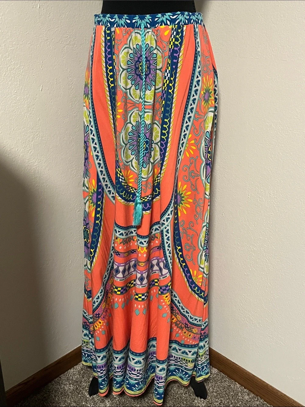 WEEKEND SALE! Flying Tomato Coral and Blue Paisley Maxi Skirt-Medium